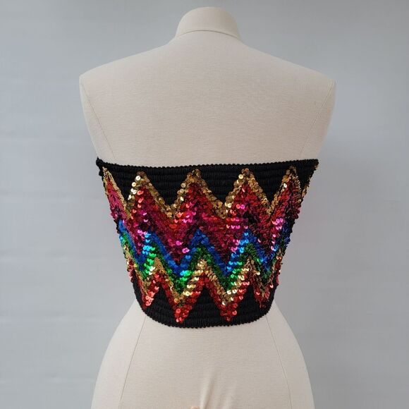 Topshop Womens Medium Black Boho Disco Retro Bright Sequin Smocked Tube Crop Top - Picture 8 of 10